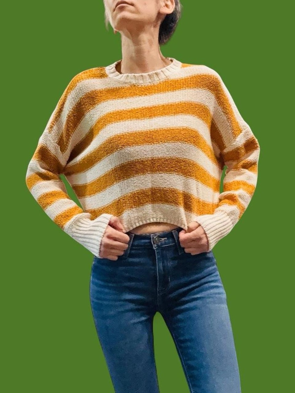 Billabong Striped Cropped Sweater Small Yellow Cream Chunky Knit Beachy - Picture 5 of 12